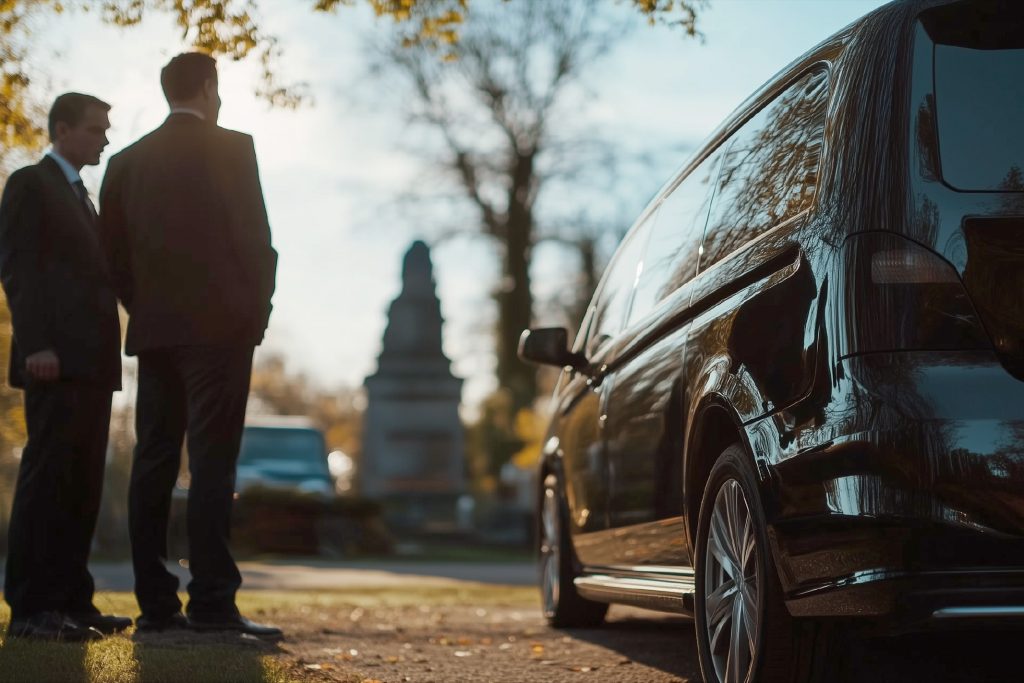 Due operatori di un'agenzia di onoranze funebri partecipa ad un funerale all'aperto.